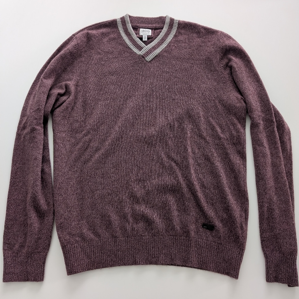 Armani Collezioni 100% Cashmere Light Burgundy With Gray Striped Ribbed V-Neck